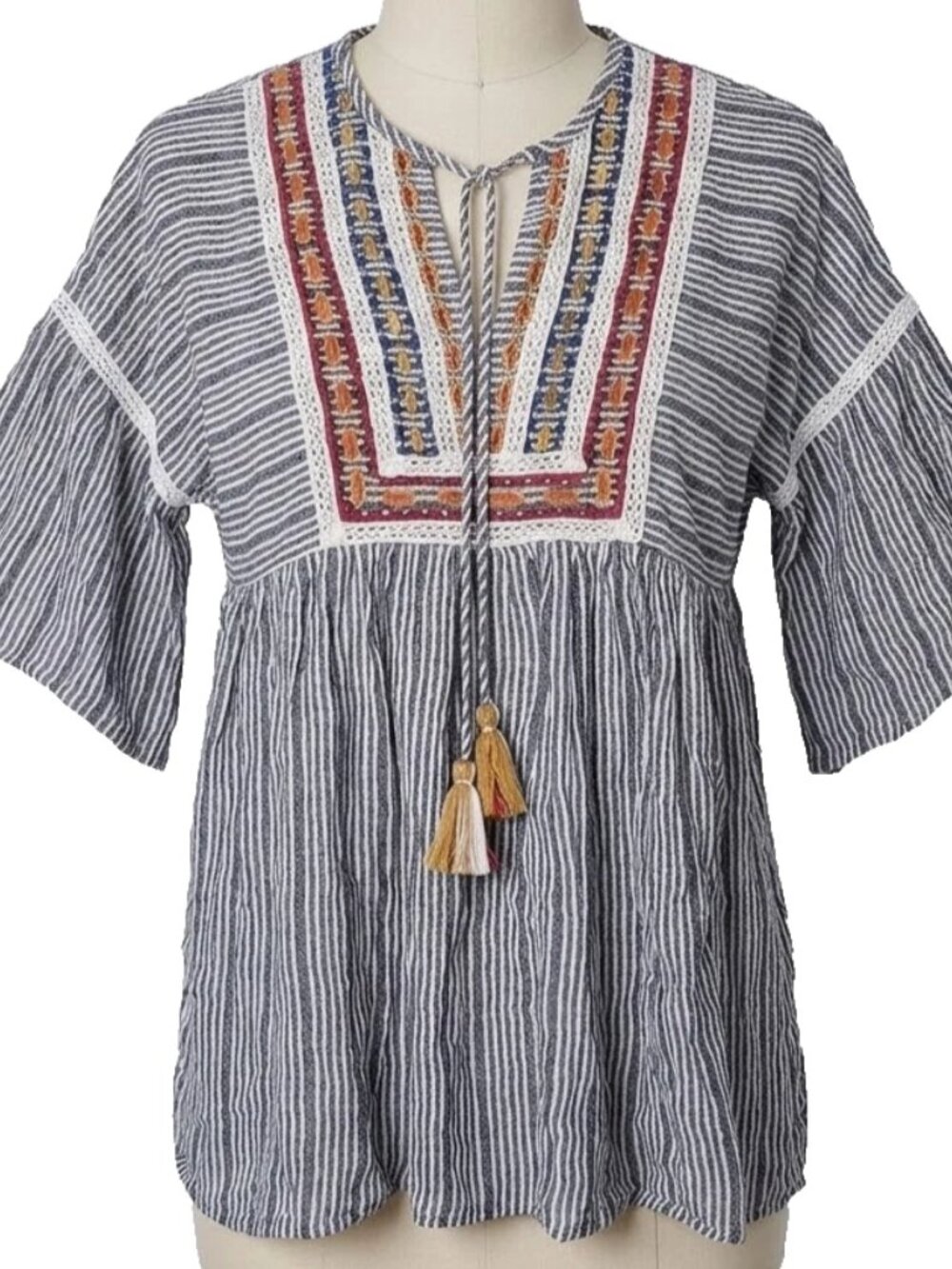 Sweet Magnolia Peasant Shirt Women Size Small NWT Embroidered Boho Striped